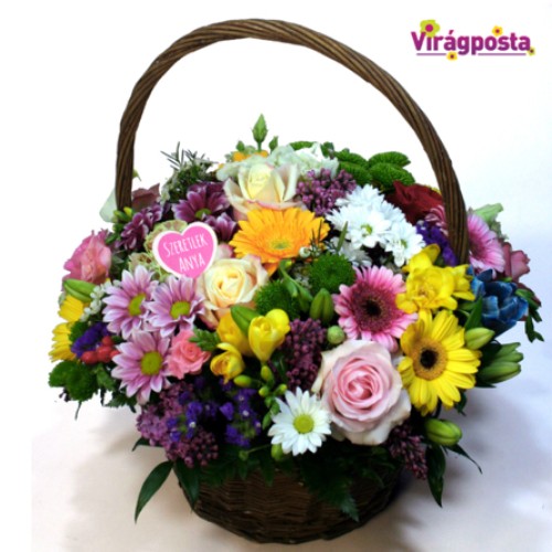 Rainbow flower basket with roses XL
